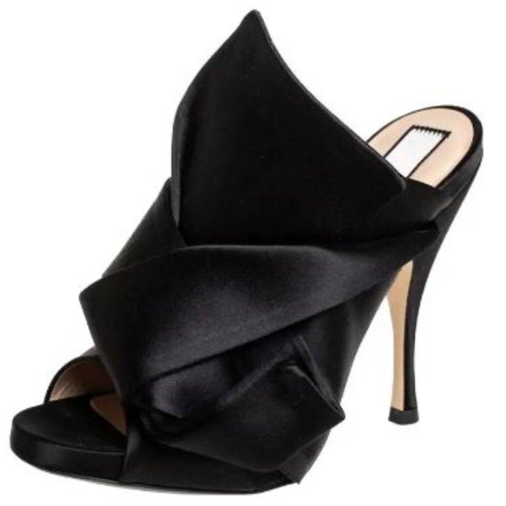No. 21 Ronny Black Satin/ Leather Mule Bow Heel Sandals